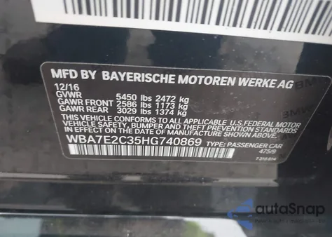 2017 BMW 740I из США, поврежденный, VIN WBA7E2C35HG740869